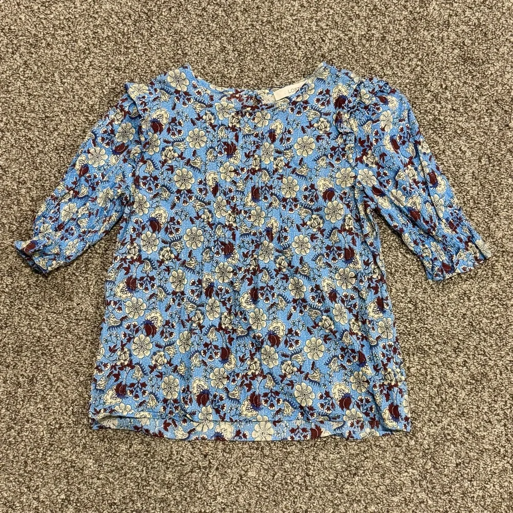 LOFT Light Blue Floral/ metallic Puff-Sleeve Blouse